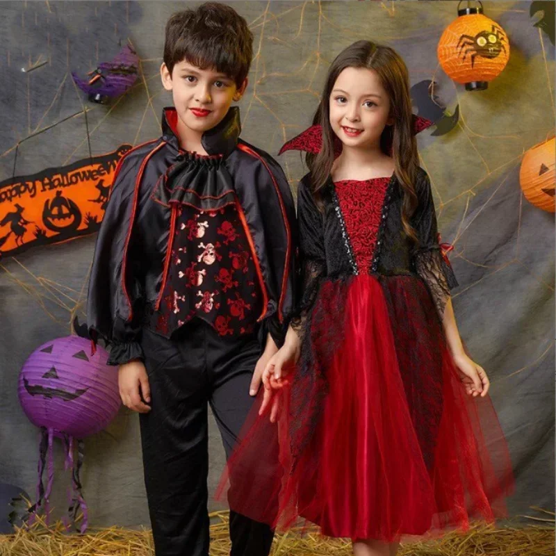Girls Cosplay Halloween Vampire Devil Dress for Kids Ghost Bride Gothic Costume Vampire Carnival Outfits Black Red Mesh Clothes