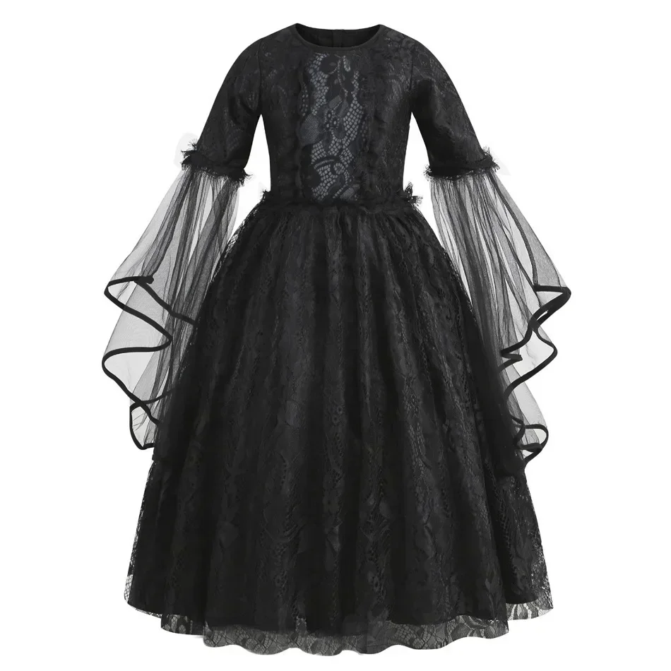 Kids Halloween Dark Gothic Costume Girls Long Sleeve Lace Tulle Ghost Bride Dress Rose Head Veil Carnival Dress Up Clothes