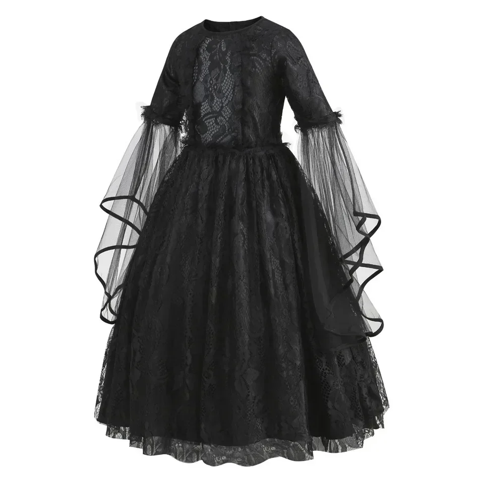 Kids Halloween Dark Gothic Costume Girls Long Sleeve Lace Tulle Ghost Bride Dress Rose Head Veil Carnival Dress Up Clothes