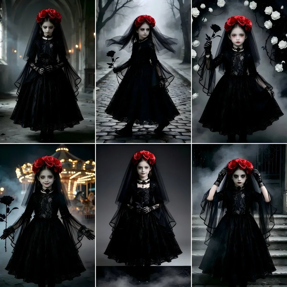Kids Halloween Dark Gothic Costume Girls Long Sleeve Lace Tulle Ghost Bride Dress Rose Head Veil Carnival Dress Up Clothes