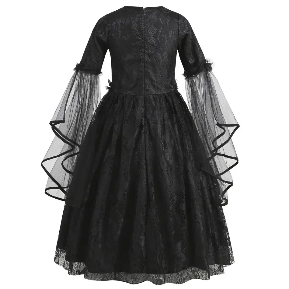 Kids Halloween Dark Gothic Costume Girls Long Sleeve Lace Tulle Ghost Bride Dress Rose Head Veil Carnival Dress Up Clothes