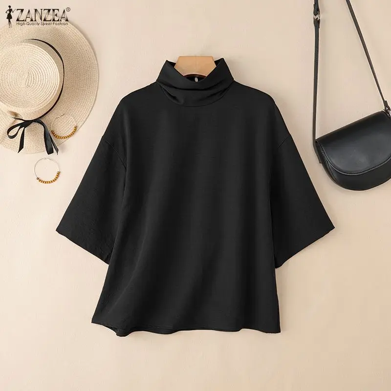 Stylish Women Blouse 2025 ZANZEA Summer Office Shirt Elegant Solid OL Work Tunic Tops Turtleneck Half Sleeve Blusas Mujer Femme
