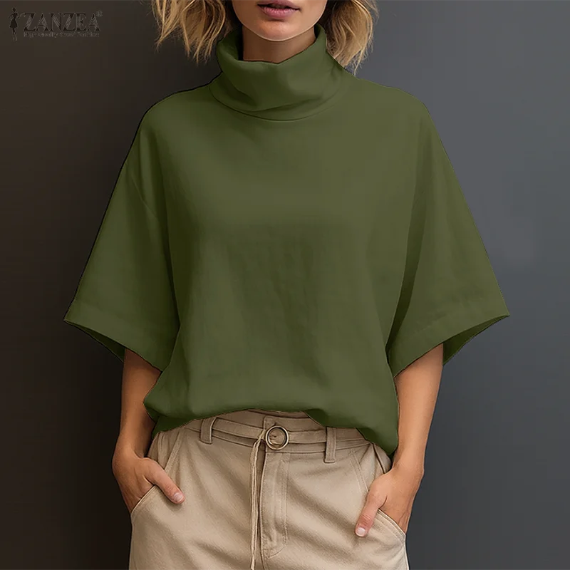 Stylish Women Blouse 2025 ZANZEA Summer Office Shirt Elegant Solid OL Work Tunic Tops Turtleneck Half Sleeve Blusas Mujer Femme