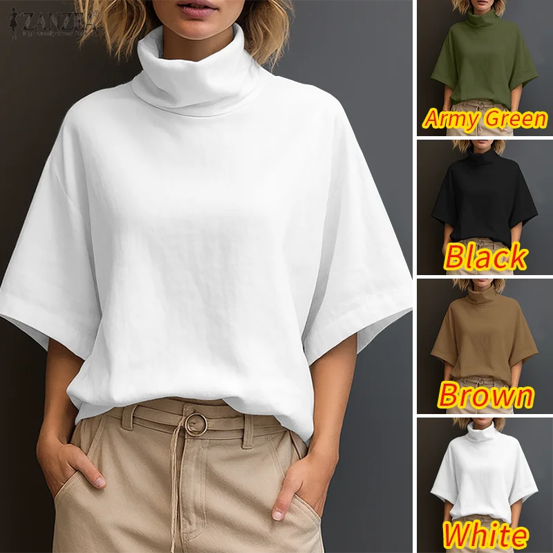 Stylish Women Blouse 2025 ZANZEA Summer Office Shirt Elegant Solid OL Work Tunic Tops Turtleneck Half Sleeve Blusas Mujer Femme