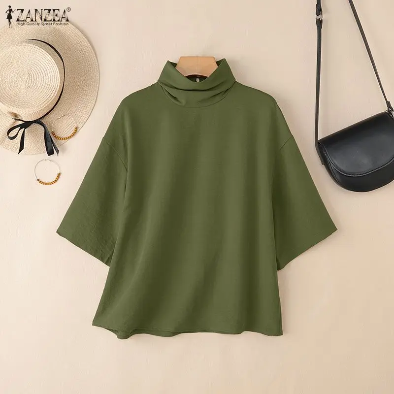 Stylish Women Blouse 2025 ZANZEA Summer Office Shirt Elegant Solid OL Work Tunic Tops Turtleneck Half Sleeve Blusas Mujer Femme