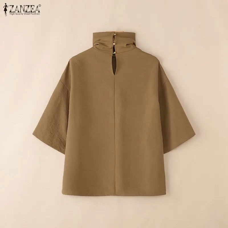 Stylish Women Blouse 2025 ZANZEA Summer Office Shirt Elegant Solid OL Work Tunic Tops Turtleneck Half Sleeve Blusas Mujer Femme