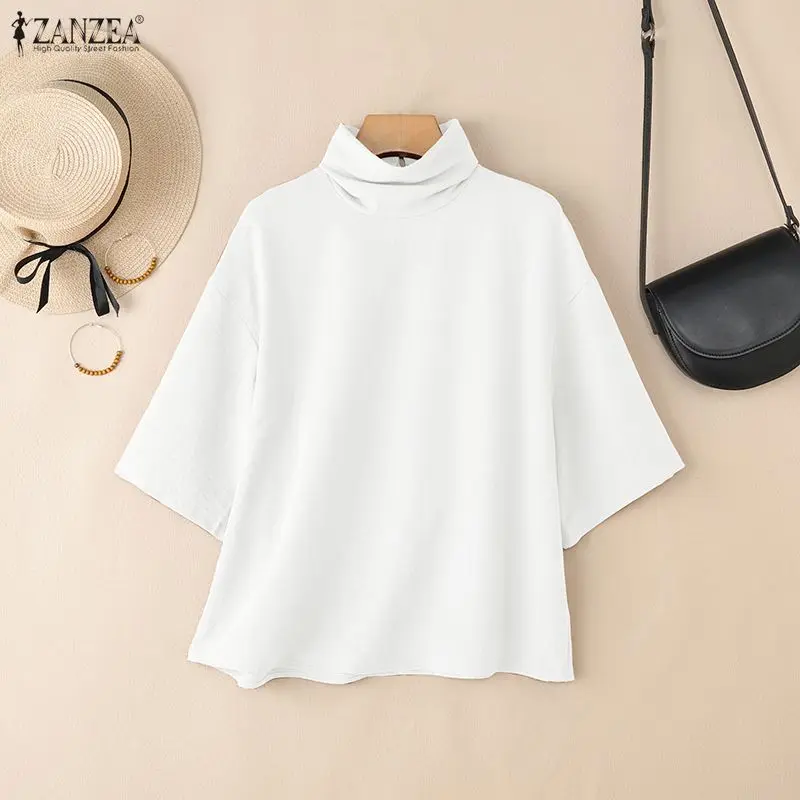 Stylish Women Blouse 2025 ZANZEA Summer Office Shirt Elegant Solid OL Work Tunic Tops Turtleneck Half Sleeve Blusas Mujer Femme
