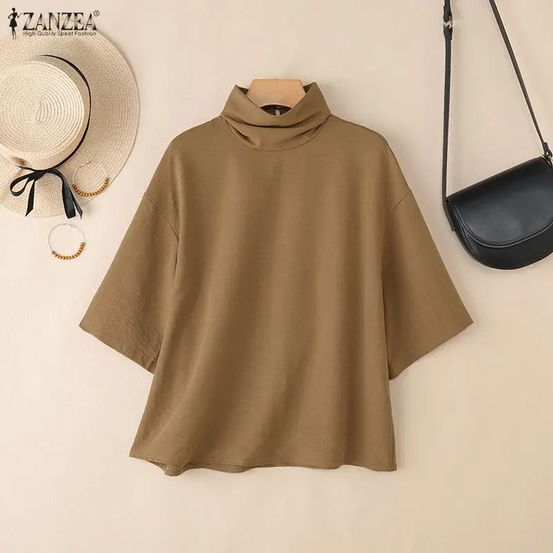 Stylish Women Blouse 2025 ZANZEA Summer Office Shirt Elegant Solid OL Work Tunic Tops Turtleneck Half Sleeve Blusas Mujer Femme