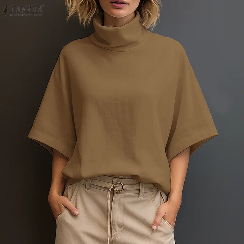 Stylish Women Blouse 2025 ZANZEA Summer Office Shirt Elegant Solid OL Work Tunic Tops Turtleneck Half Sleeve Blusas Mujer Femme