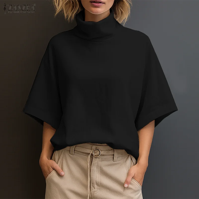 Stylish Women Blouse 2025 ZANZEA Summer Office Shirt Elegant Solid OL Work Tunic Tops Turtleneck Half Sleeve Blusas Mujer Femme