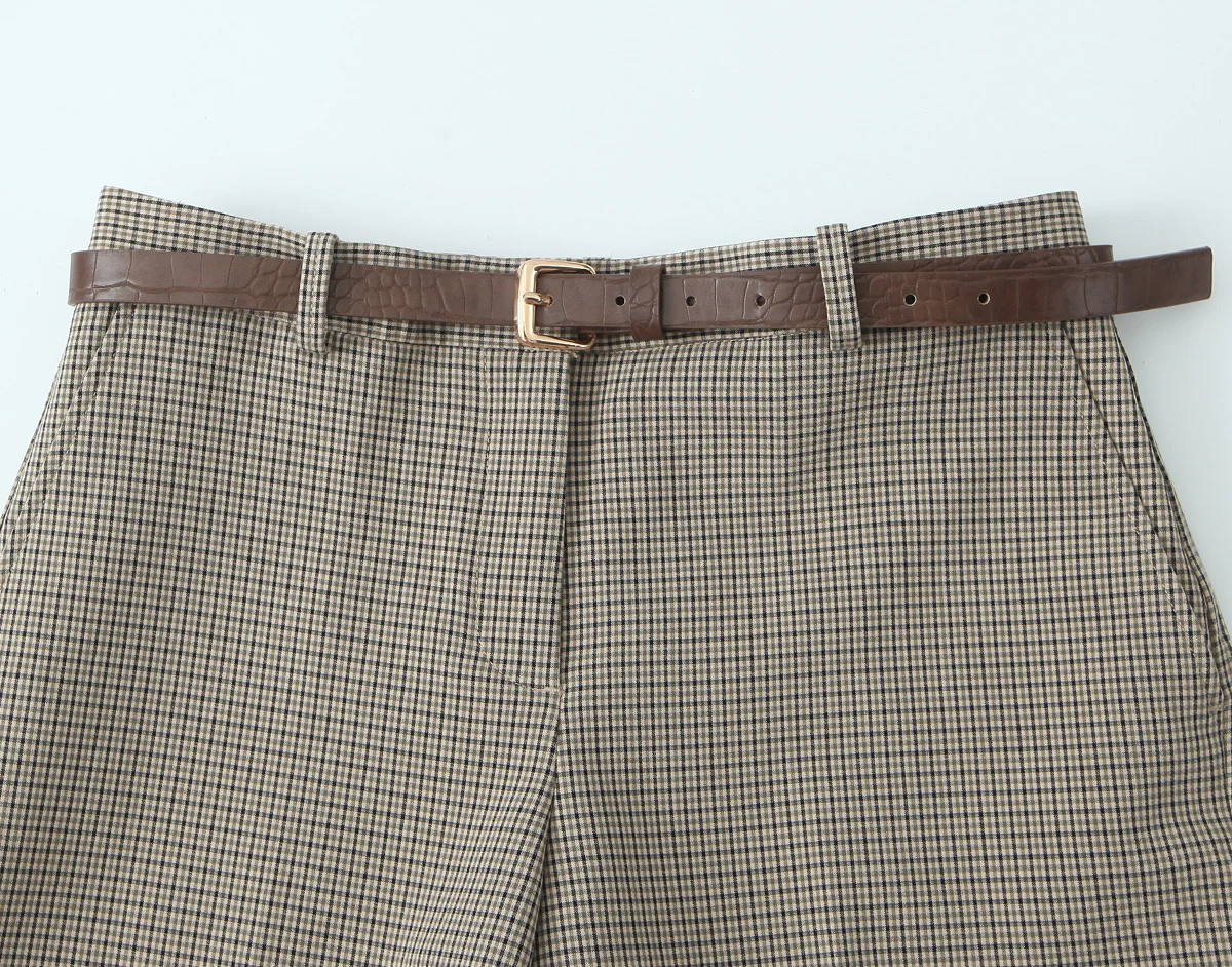 DUOPERI Women Plaid Straight Pants With Belt High Waist Full Length Casual Female Chic Lady Trousers