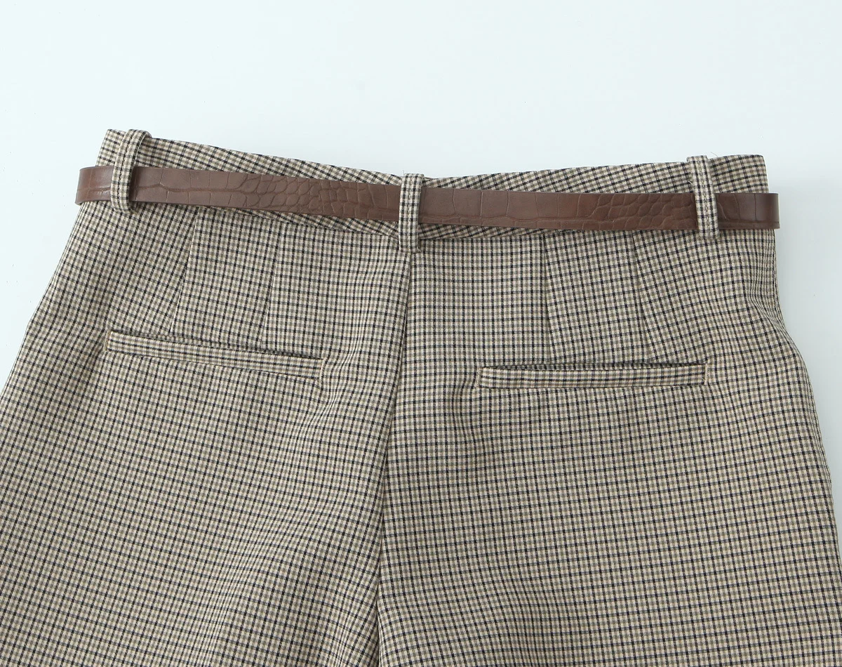 DUOPERI Women Plaid Straight Pants With Belt High Waist Full Length Casual Female Chic Lady Trousers