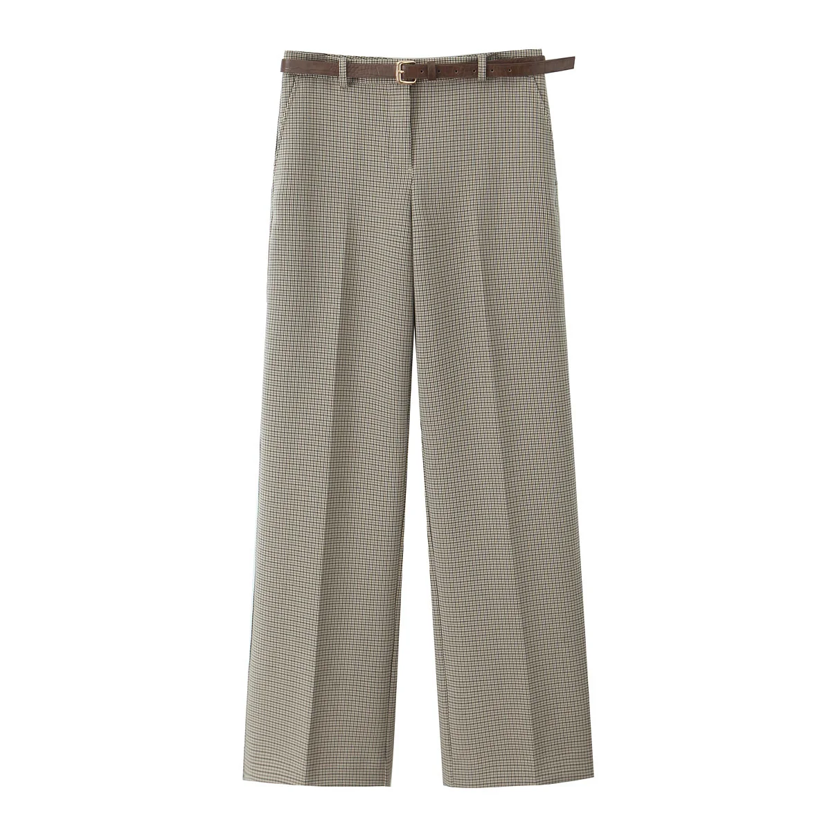 DUOPERI Women Plaid Straight Pants With Belt High Waist Full Length Casual Female Chic Lady Trousers