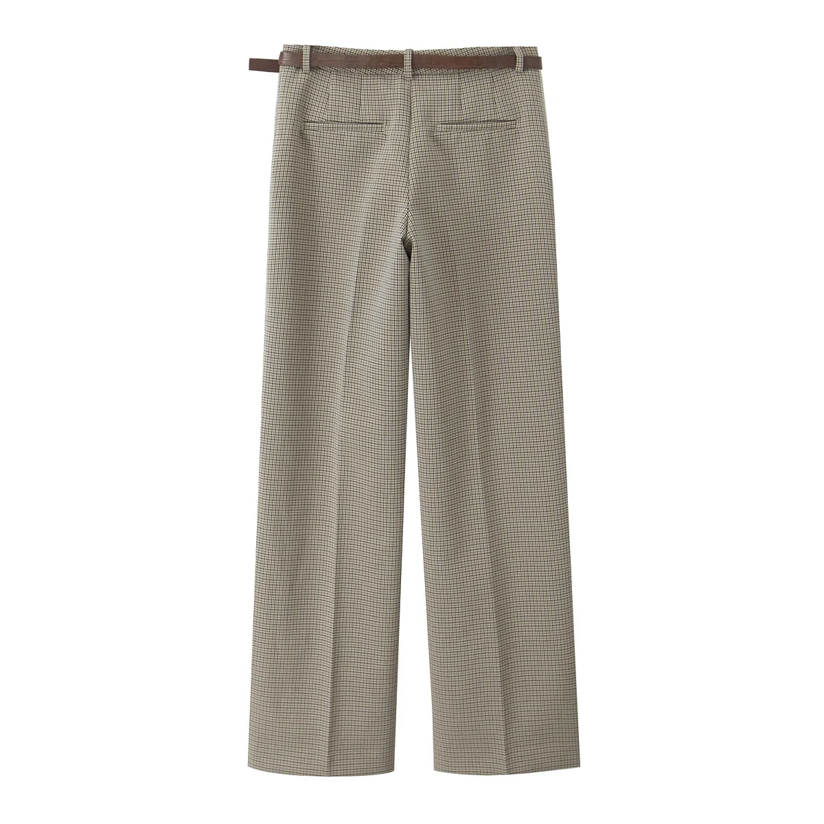 DUOPERI Women Plaid Straight Pants With Belt High Waist Full Length Casual Female Chic Lady Trousers
