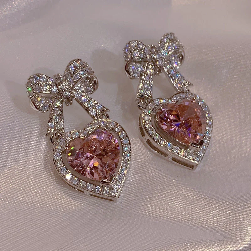 Exquisite Pink Heart Shape Bowknot Stud Earrings For Women Shining CZ Zircon Love Earring Wedding Party Temperament Jewelry