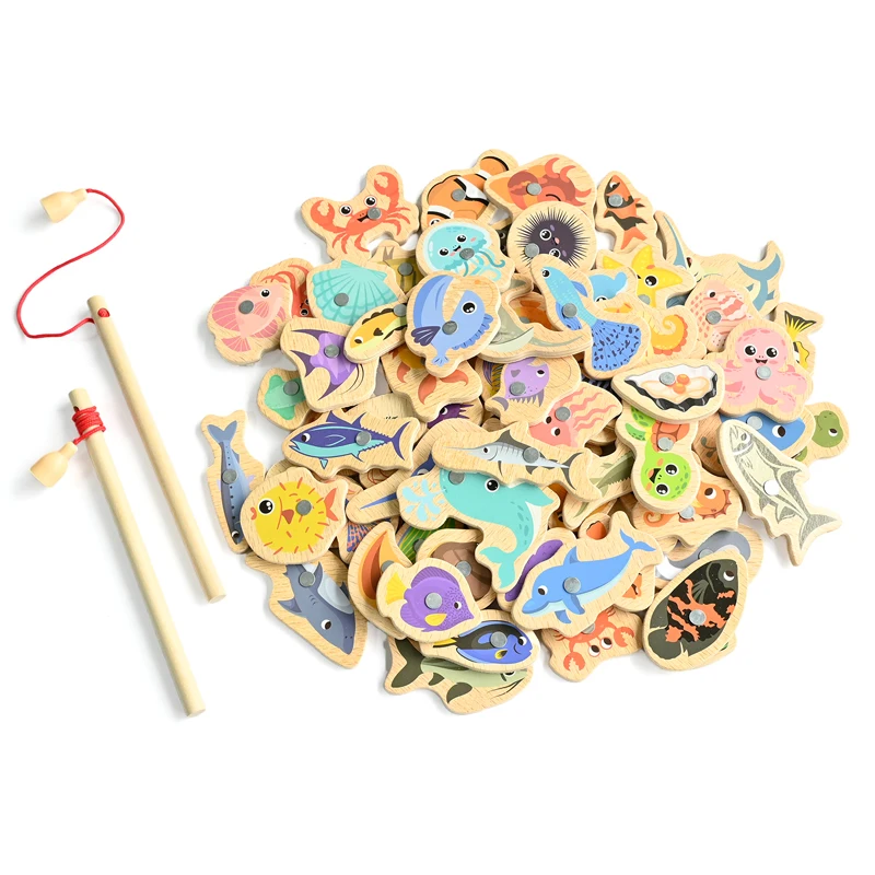 Wooden Magnetic Fishing Toy Montessori Marine Cognition Hand Eye Coordination Kids Early Educational Parent Child Birthday Gifts