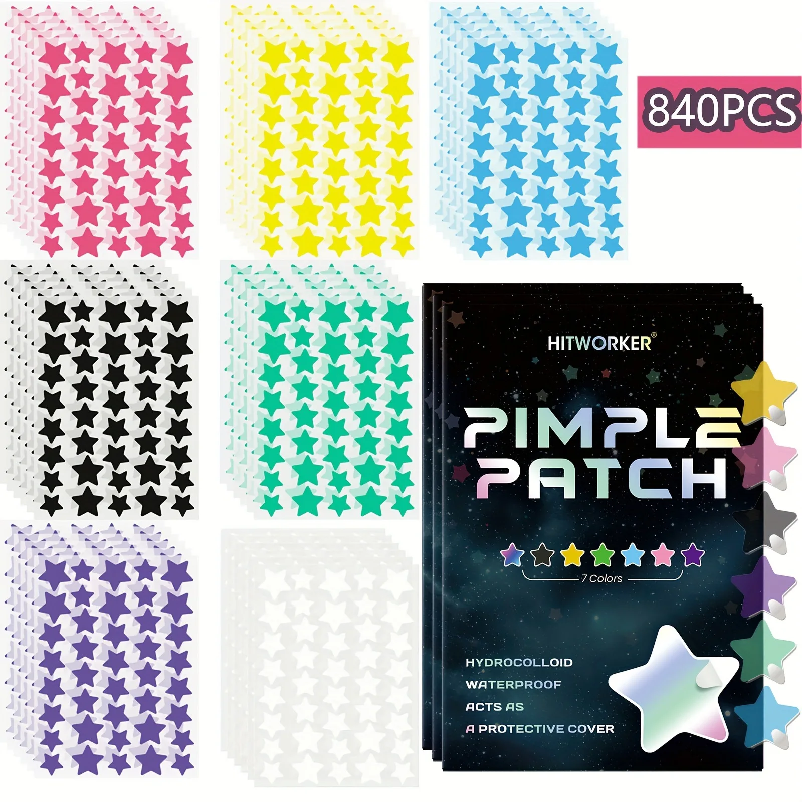 840 Patches / Pack 7 Color Star Shape Hydrocolloid Acne Pimple Patch For Covering Zits and Blemishes Invisibly Spot Sticker