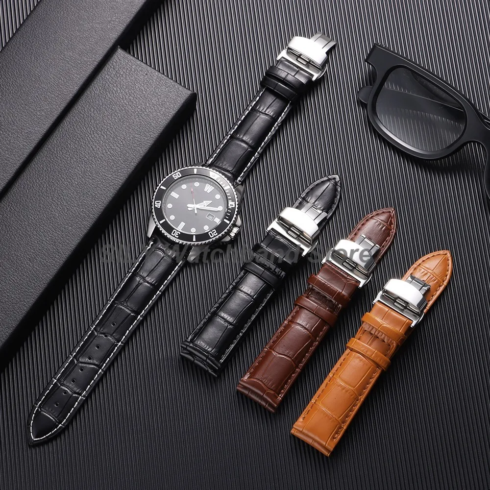 Soft Leather Watchband Replacement Wrist Belt Straps 12/13/14/15/16/17/18/19/20/21/22/23/24mm Butterfly Clasp Universal Bracelet