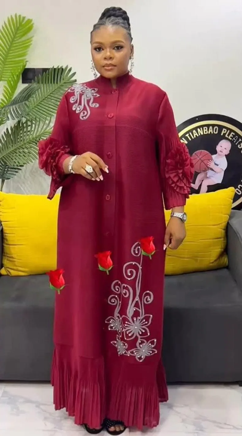 ANLAN Fashion Print Pleated Long Dress Women Lapel Floral Sleeves Design Single Breasted A-line Dresses 2025 Summer New 5AN6018