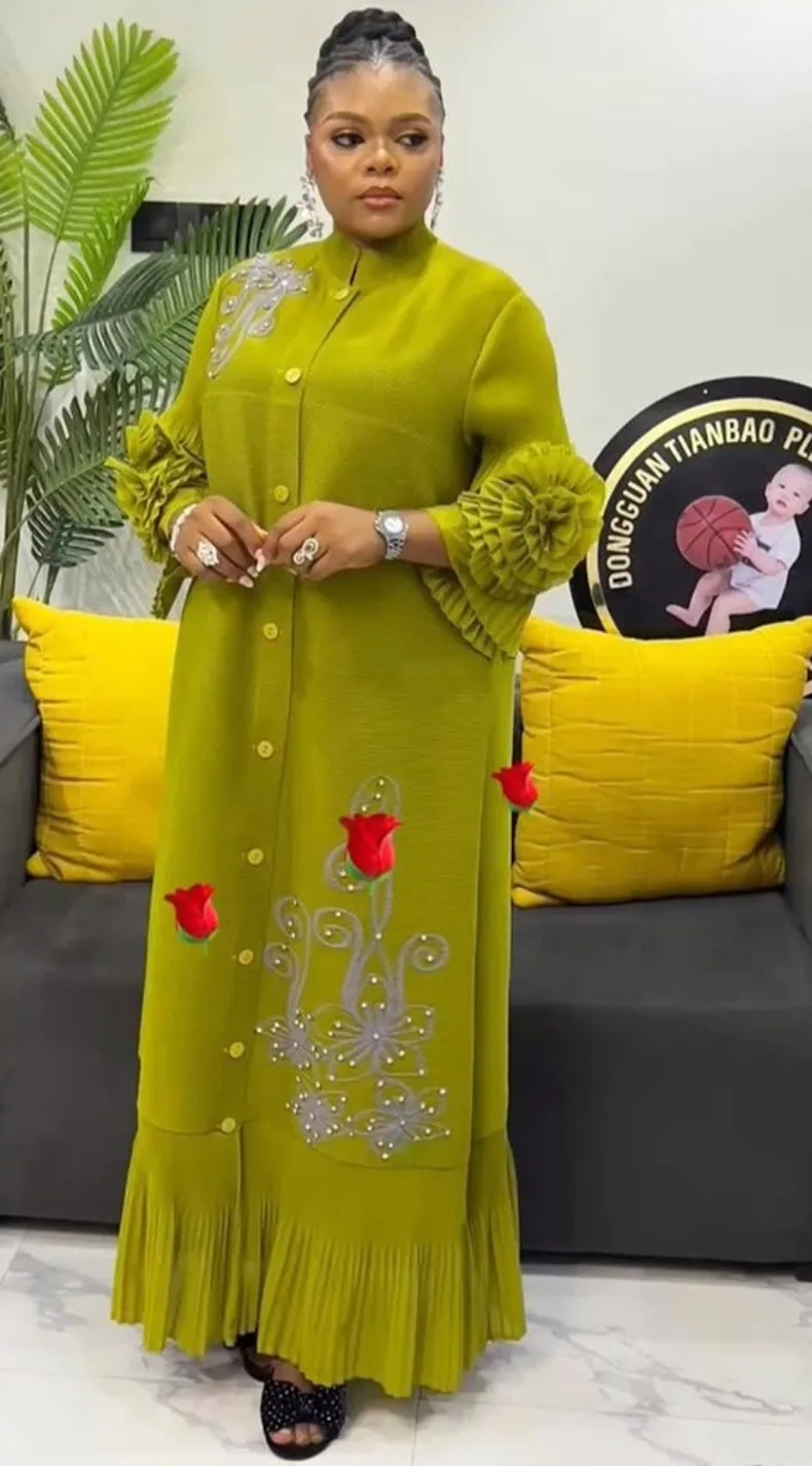 ANLAN Fashion Print Pleated Long Dress Women Lapel Floral Sleeves Design Single Breasted A-line Dresses 2025 Summer New 5AN6018