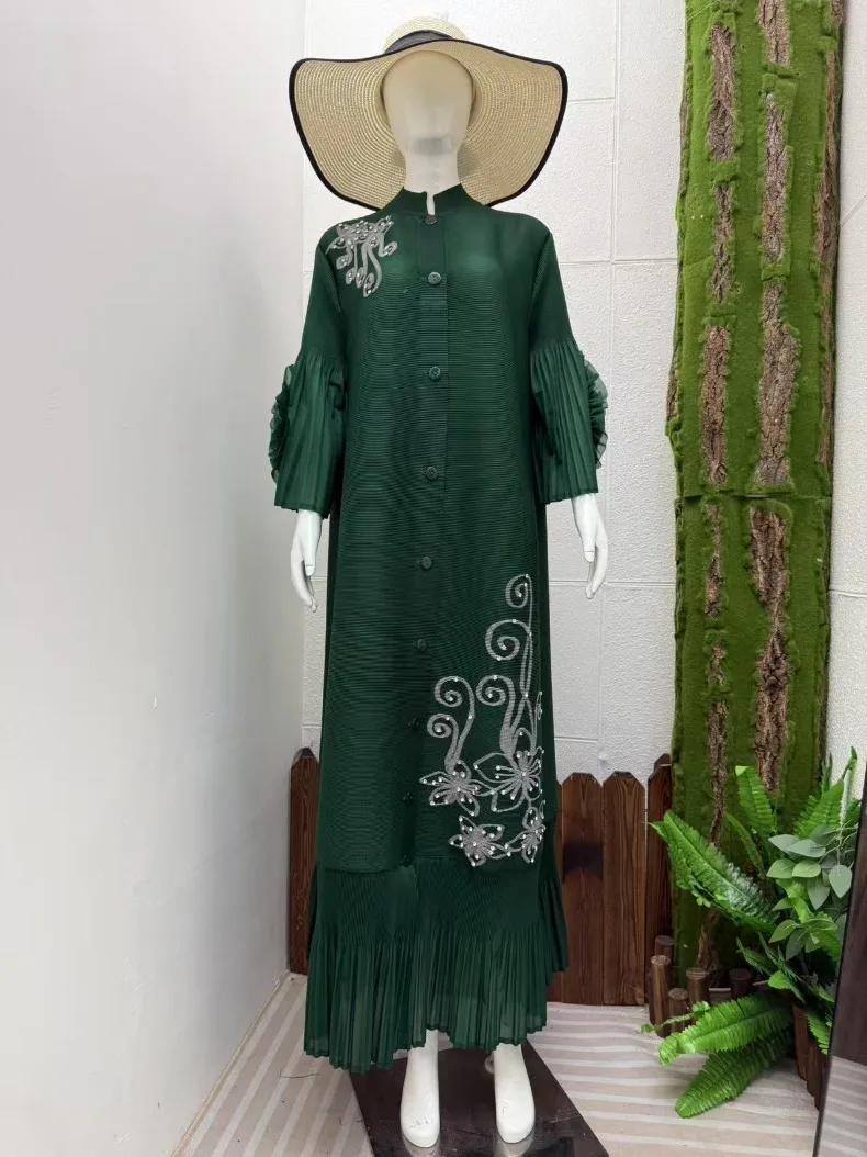 ANLAN Fashion Print Pleated Long Dress Women Lapel Floral Sleeves Design Single Breasted A-line Dresses 2025 Summer New 5AN6018