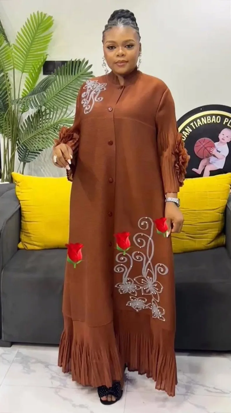 ANLAN Fashion Print Pleated Long Dress Women Lapel Floral Sleeves Design Single Breasted A-line Dresses 2025 Summer New 5AN6018