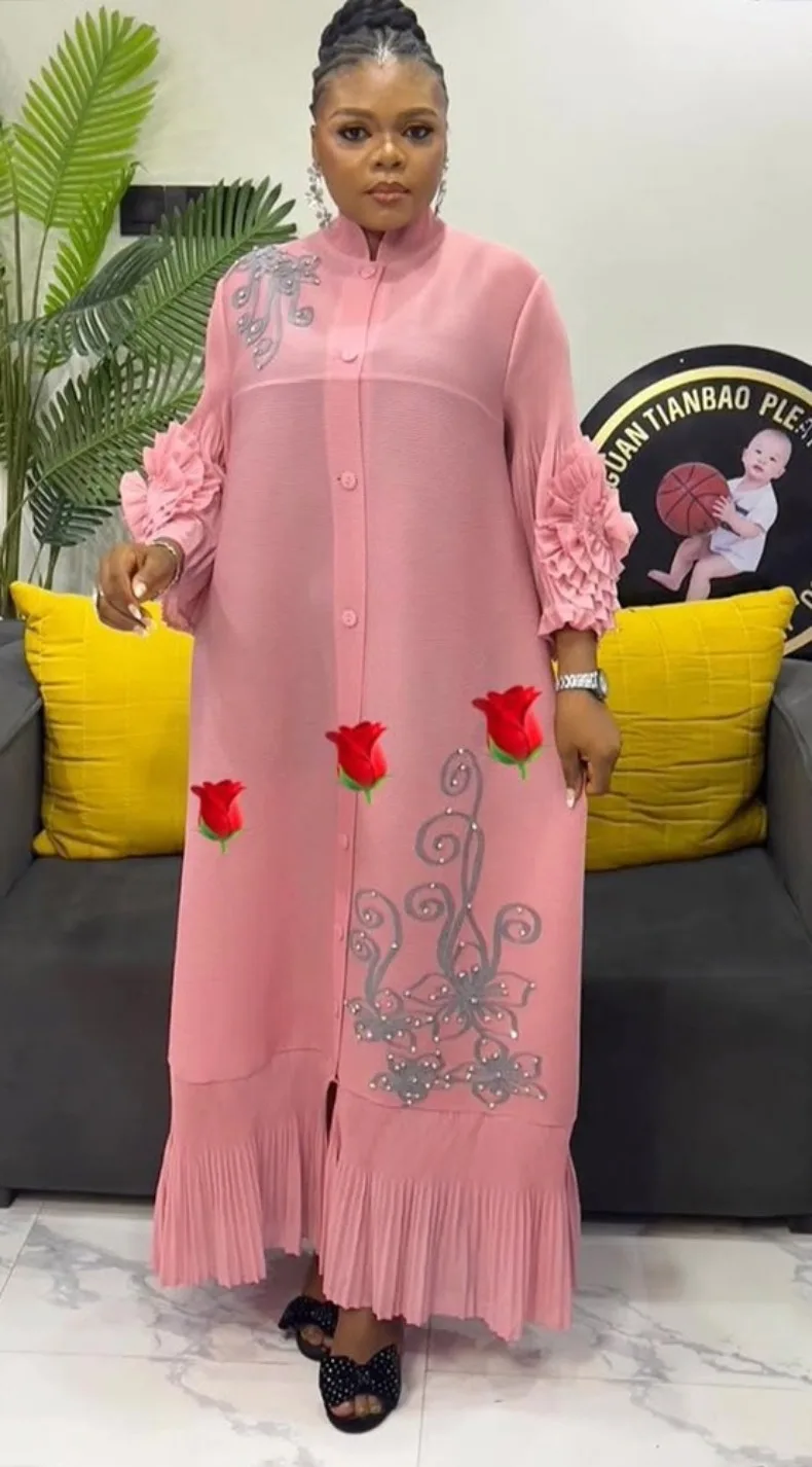 ANLAN Fashion Print Pleated Long Dress Women Lapel Floral Sleeves Design Single Breasted A-line Dresses 2025 Summer New 5AN6018