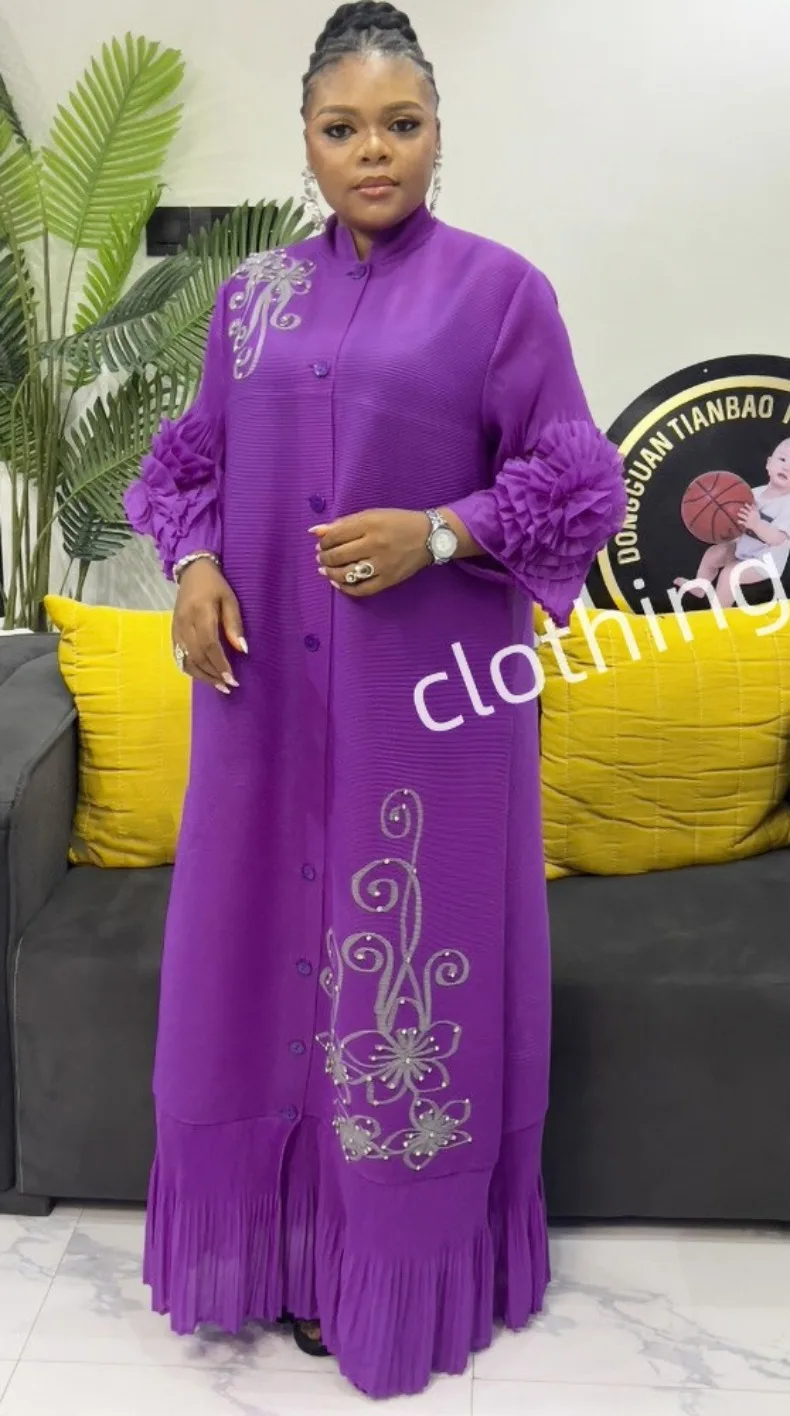 ANLAN Fashion Print Pleated Long Dress Women Lapel Floral Sleeves Design Single Breasted A-line Dresses 2025 Summer New 5AN6018