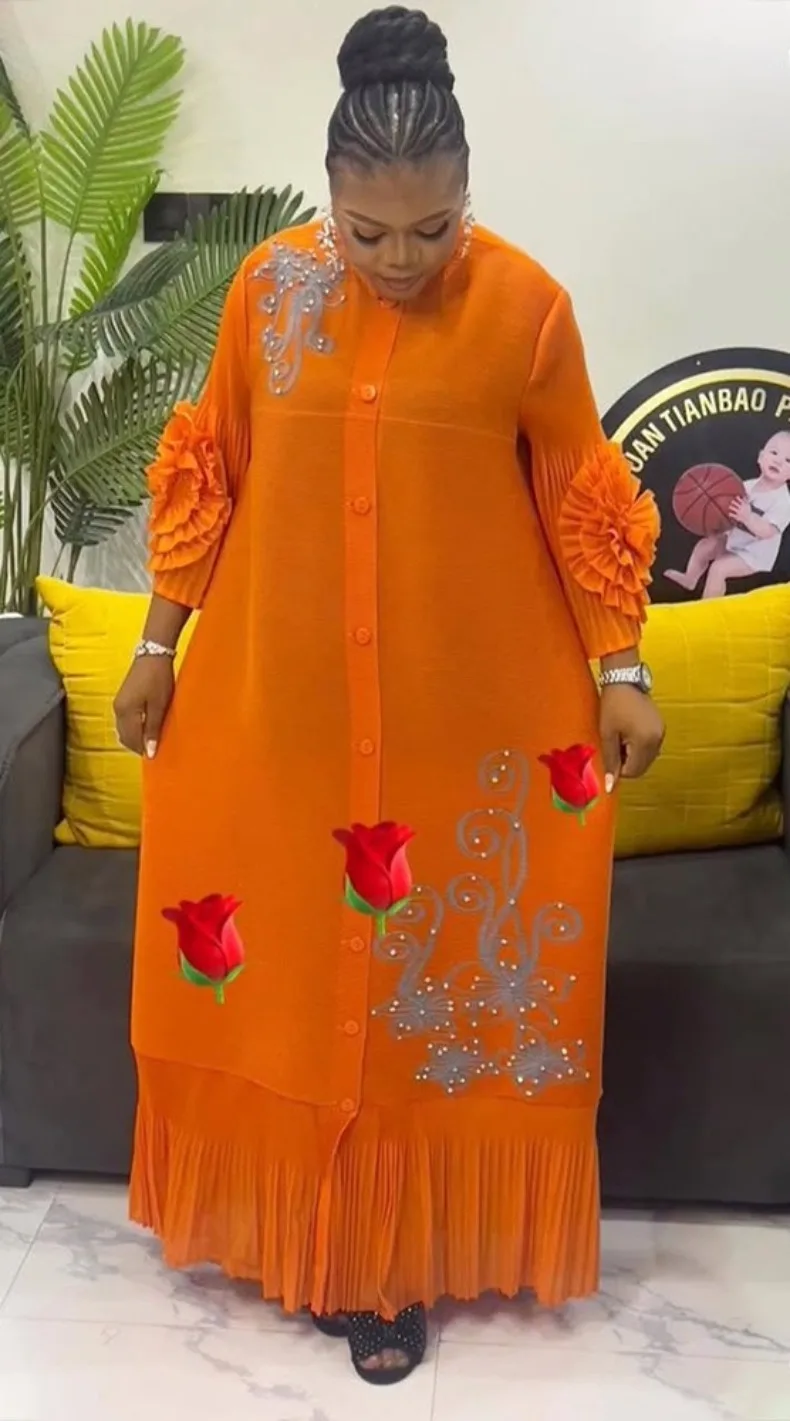 ANLAN Fashion Print Pleated Long Dress Women Lapel Floral Sleeves Design Single Breasted A-line Dresses 2025 Summer New 5AN6018