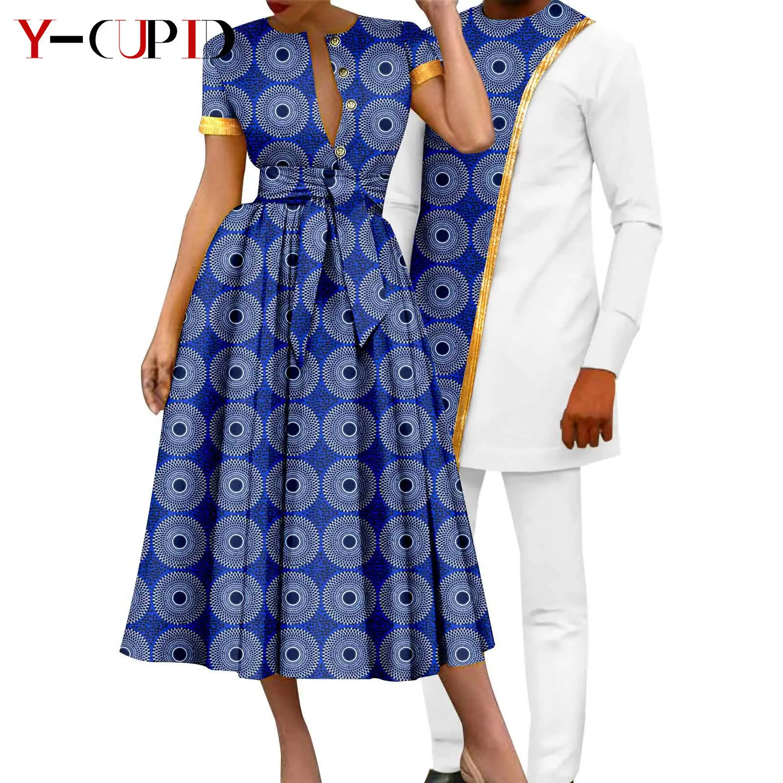 African Couple Matching Clothes Dashiki Women Print Dresses Bazin Riche Men Outfits 2 Pieces Suit Top and Pant Sets Y23C094