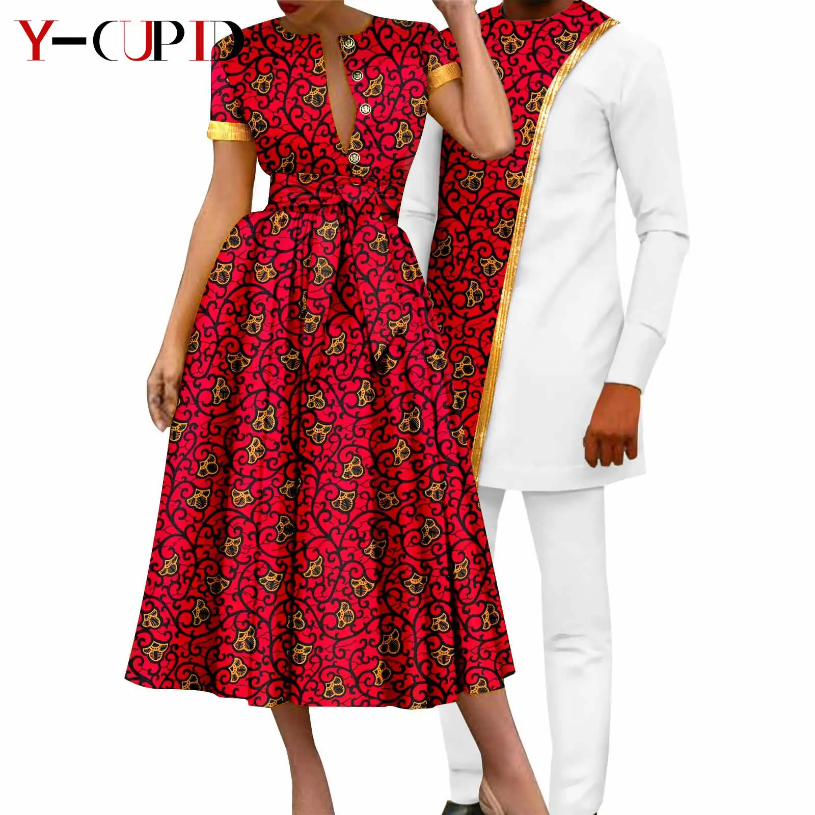 African Couple Matching Clothes Dashiki Women Print Dresses Bazin Riche Men Outfits 2 Pieces Suit Top and Pant Sets Y23C094
