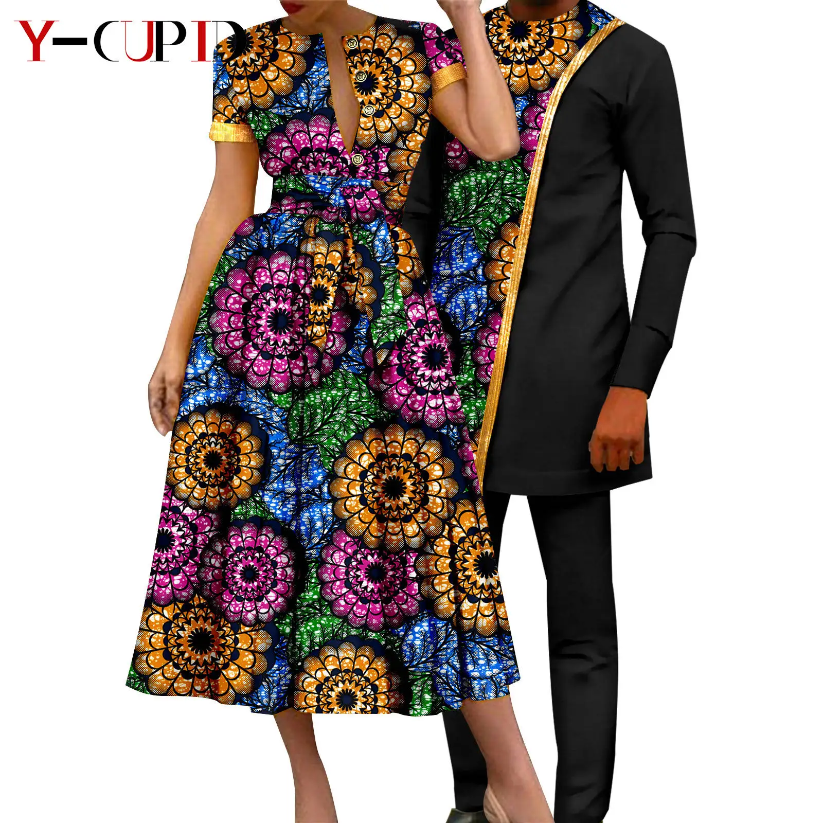 African Couple Matching Clothes Dashiki Women Print Dresses Bazin Riche Men Outfits 2 Pieces Suit Top and Pant Sets Y23C094