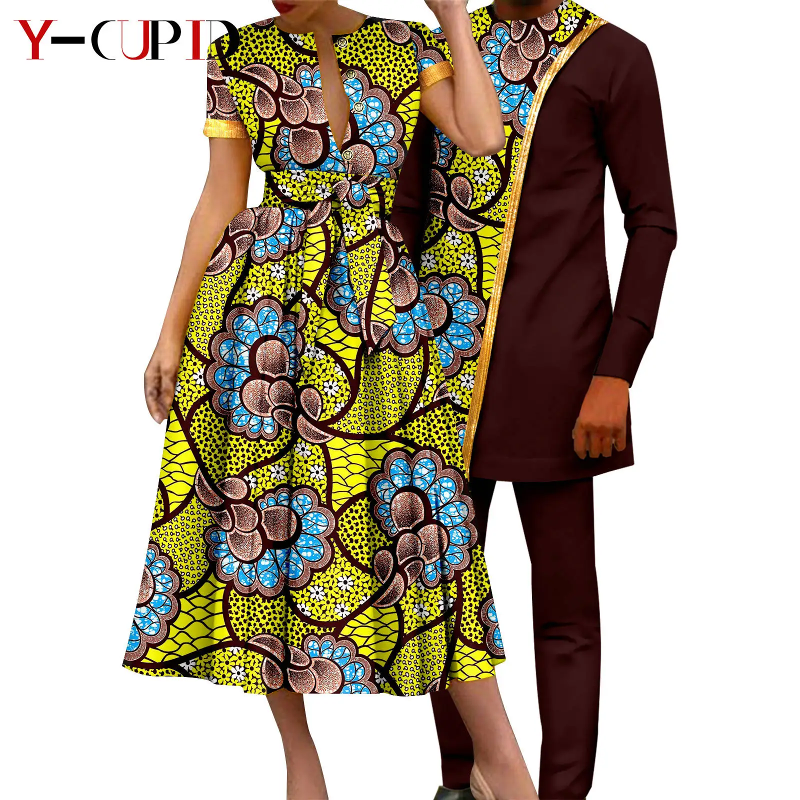 African Couple Matching Clothes Dashiki Women Print Dresses Bazin Riche Men Outfits 2 Pieces Suit Top and Pant Sets Y23C094