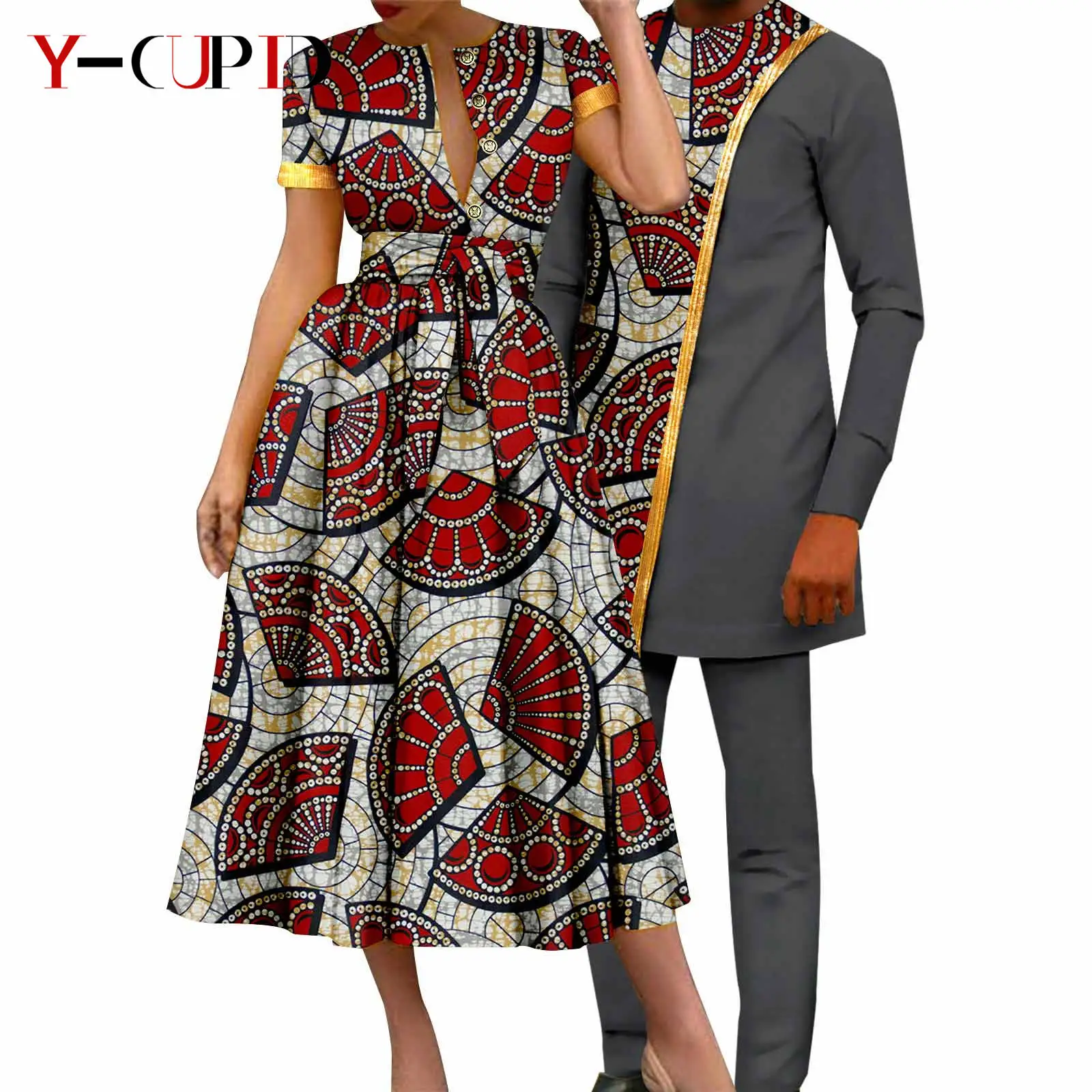 African Couple Matching Clothes Dashiki Women Print Dresses Bazin Riche Men Outfits 2 Pieces Suit Top and Pant Sets Y23C094