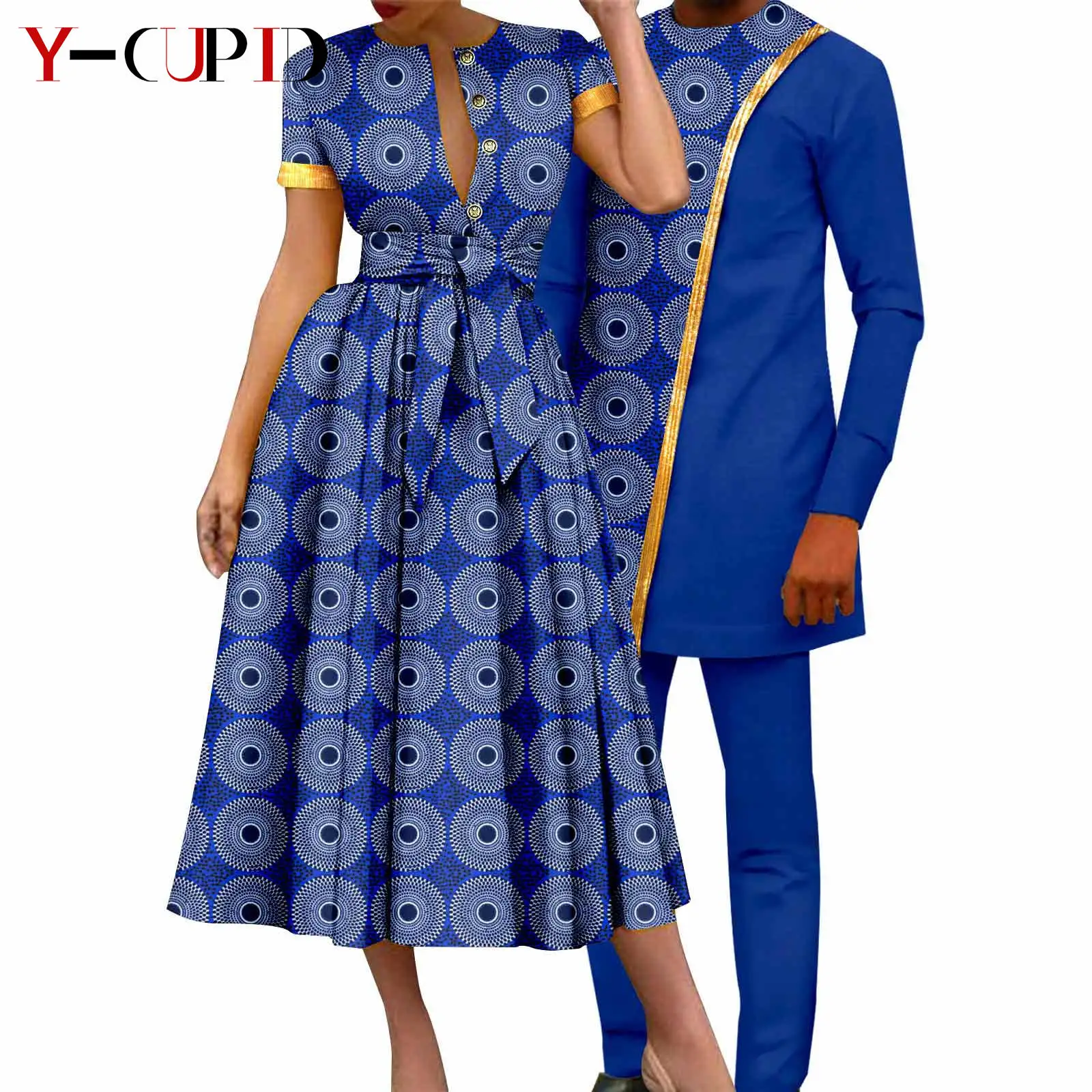 African Couple Matching Clothes Dashiki Women Print Dresses Bazin Riche Men Outfits 2 Pieces Suit Top and Pant Sets Y23C094