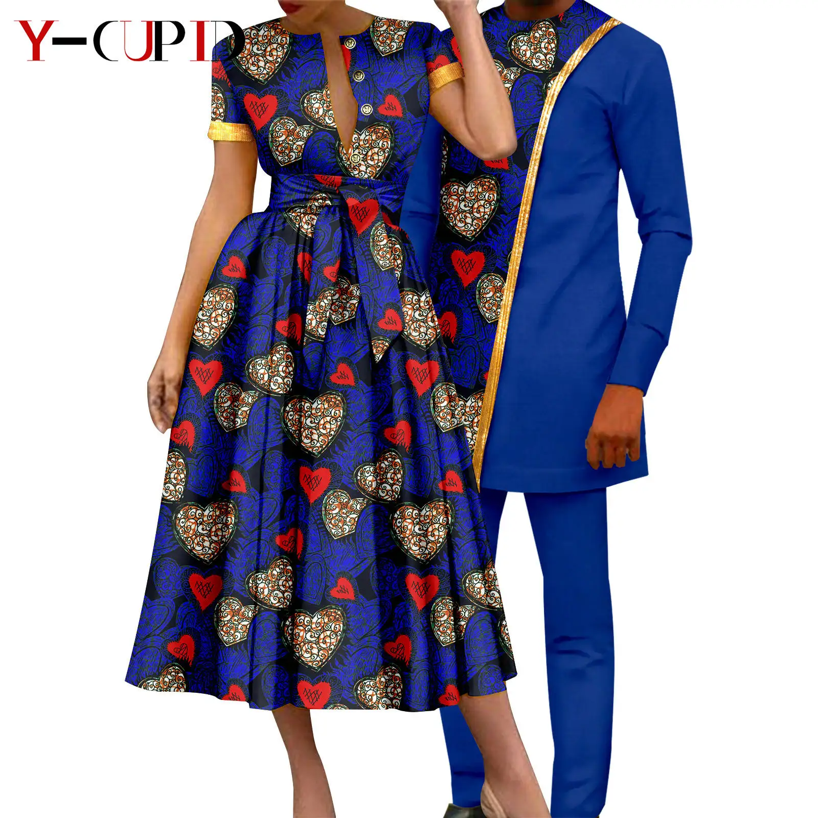 African Couple Matching Clothes Dashiki Women Print Dresses Bazin Riche Men Outfits 2 Pieces Suit Top and Pant Sets Y23C094