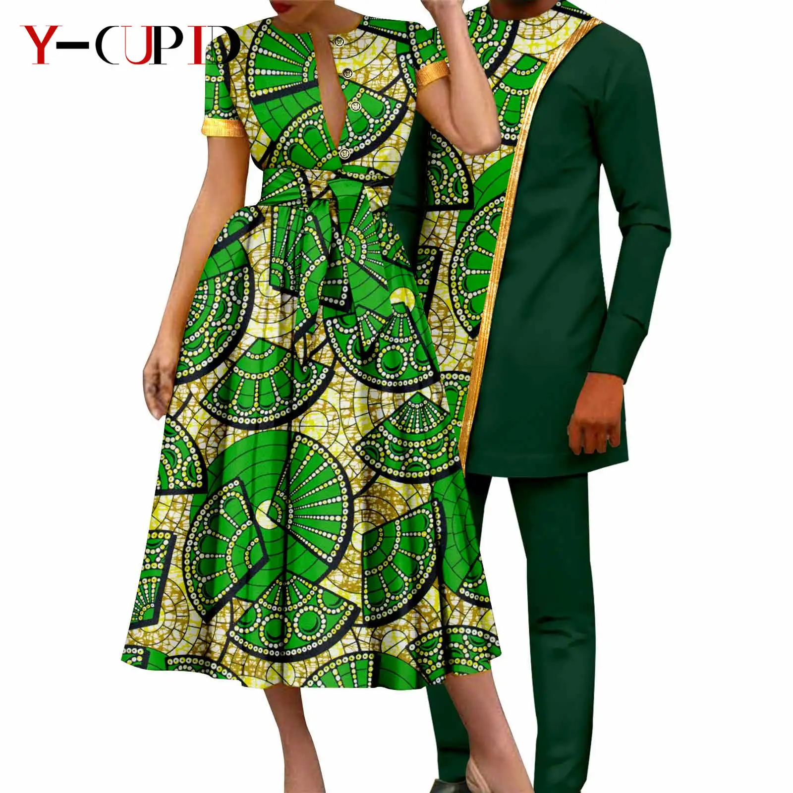 African Couple Matching Clothes Dashiki Women Print Dresses Bazin Riche Men Outfits 2 Pieces Suit Top and Pant Sets Y23C094
