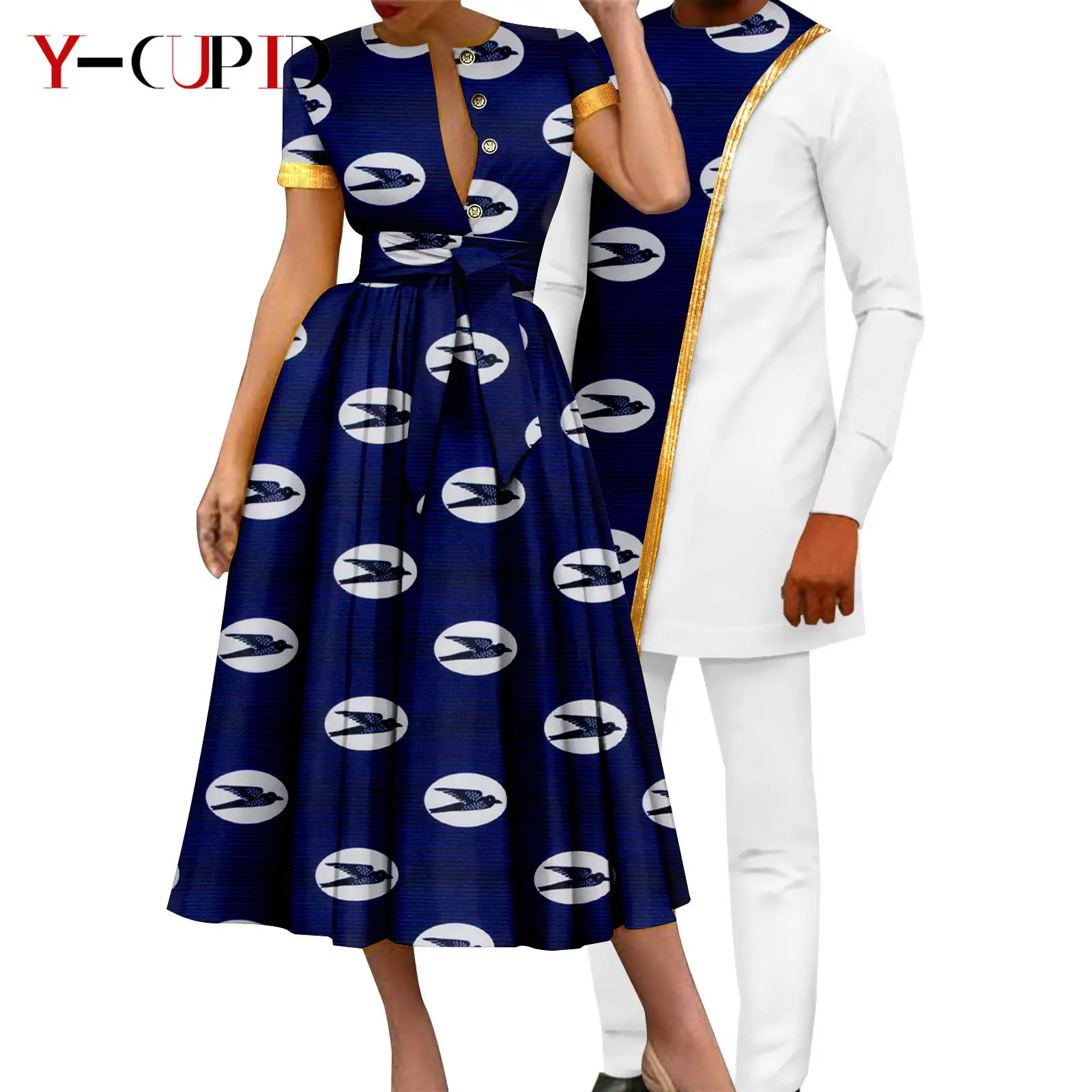 African Couple Matching Clothes Dashiki Women Print Dresses Bazin Riche Men Outfits 2 Pieces Suit Top and Pant Sets Y23C094