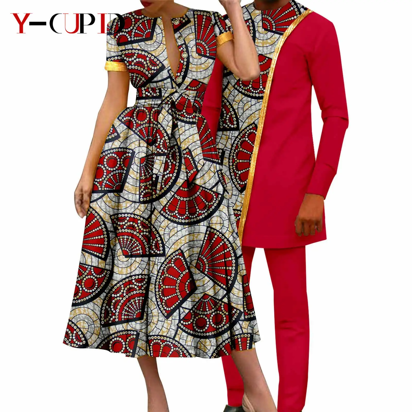 African Couple Matching Clothes Dashiki Women Print Dresses Bazin Riche Men Outfits 2 Pieces Suit Top and Pant Sets Y23C094