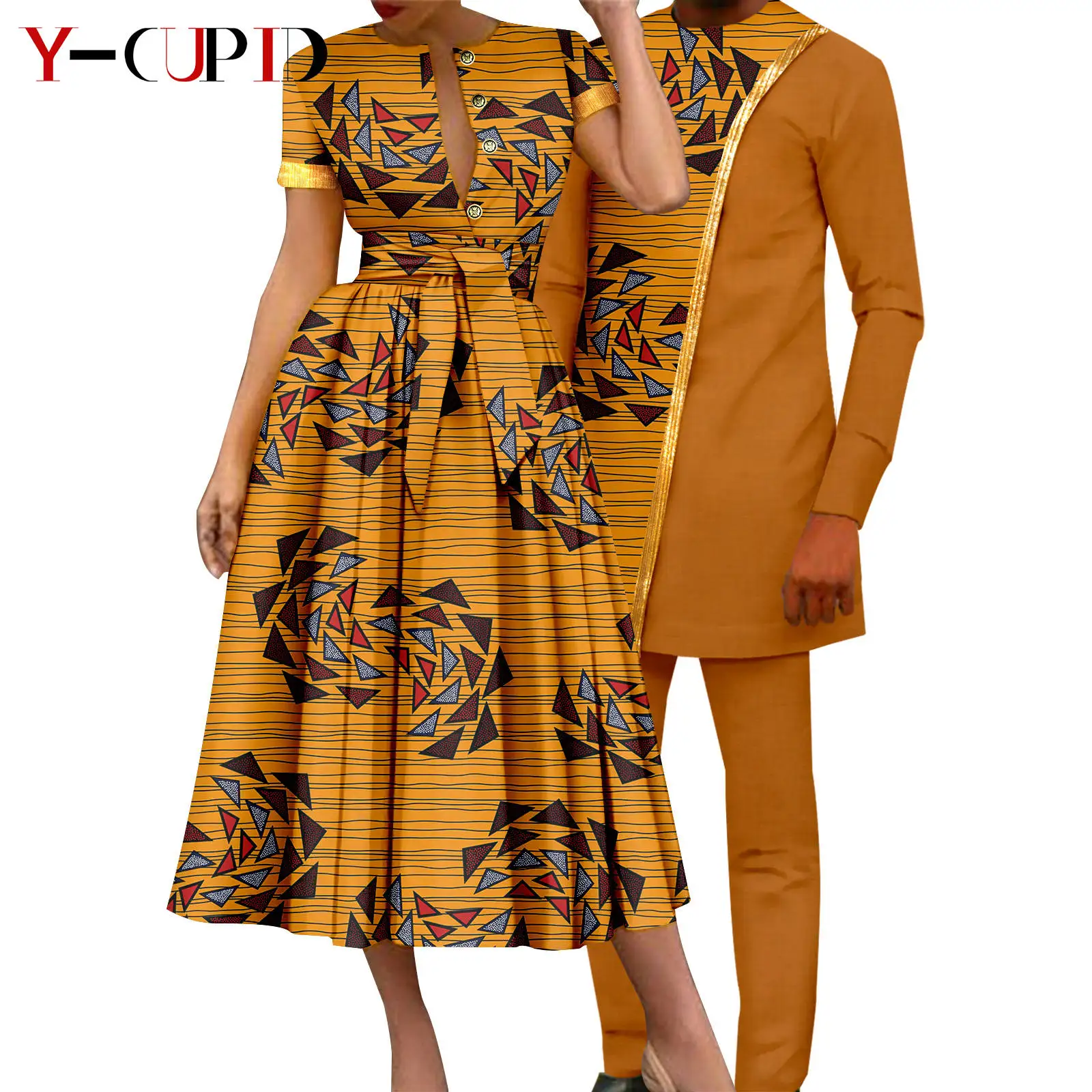 African Couple Matching Clothes Dashiki Women Print Dresses Bazin Riche Men Outfits 2 Pieces Suit Top and Pant Sets Y23C094