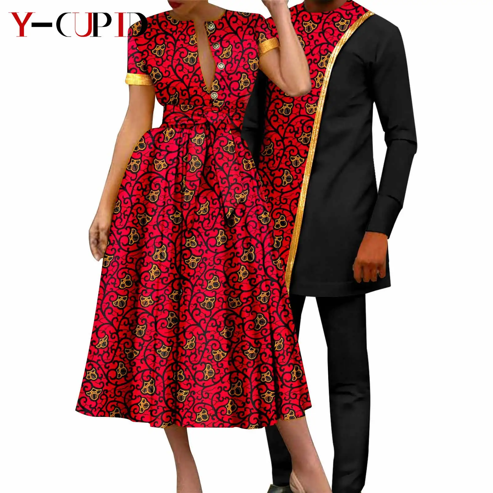 African Couple Matching Clothes Dashiki Women Print Dresses Bazin Riche Men Outfits 2 Pieces Suit Top and Pant Sets Y23C094