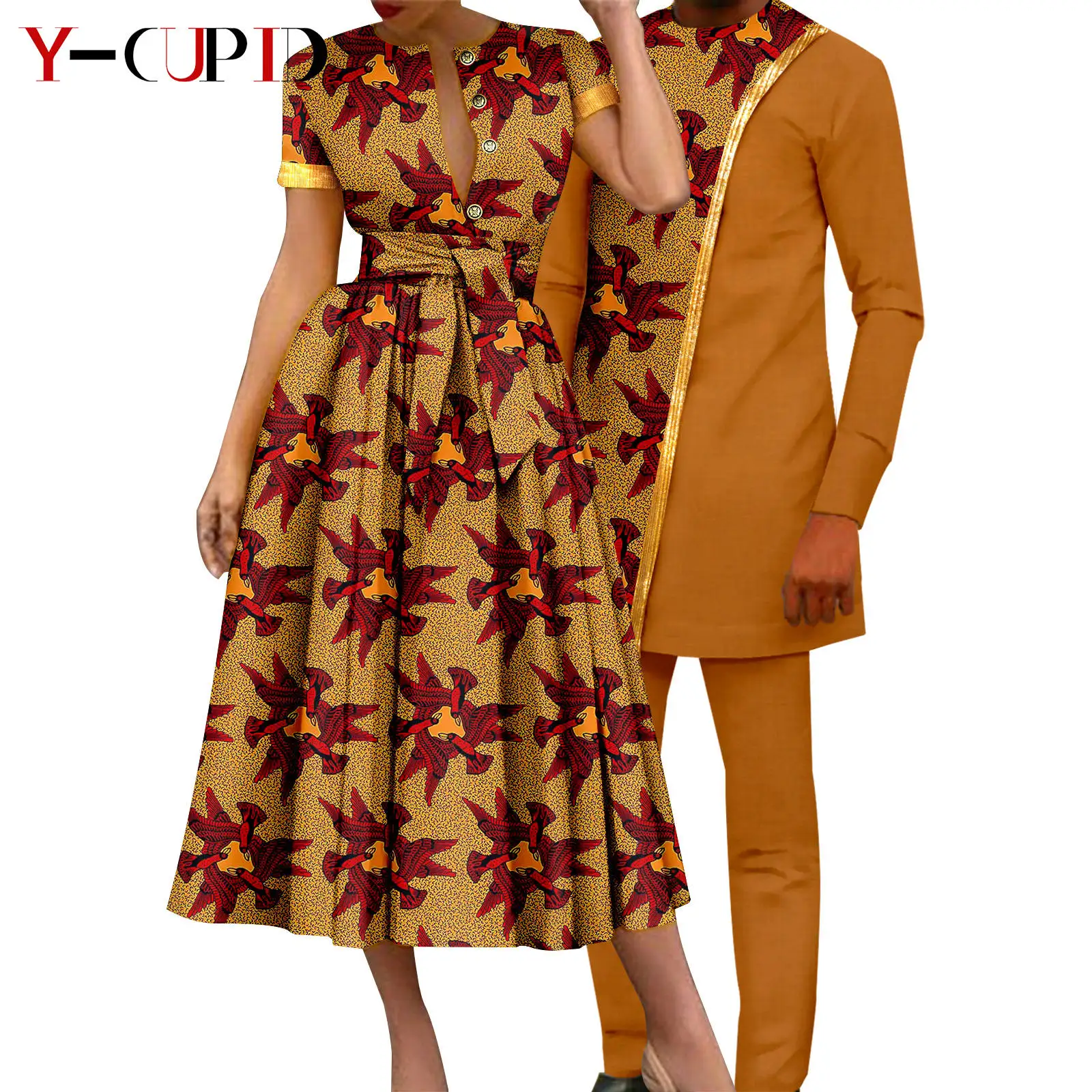 African Couple Matching Clothes Dashiki Women Print Dresses Bazin Riche Men Outfits 2 Pieces Suit Top and Pant Sets Y23C094