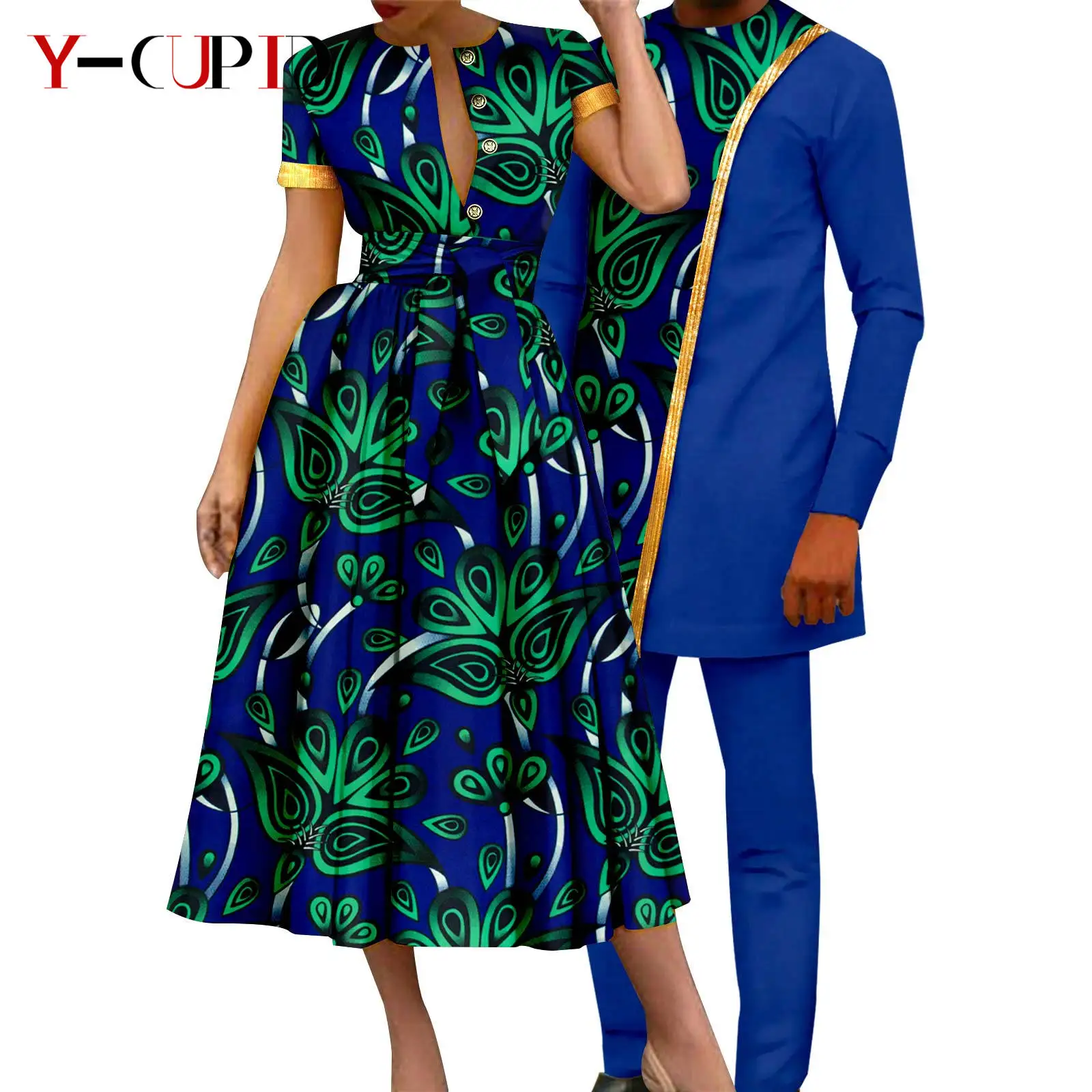 African Couple Matching Clothes Dashiki Women Print Dresses Bazin Riche Men Outfits 2 Pieces Suit Top and Pant Sets Y23C094