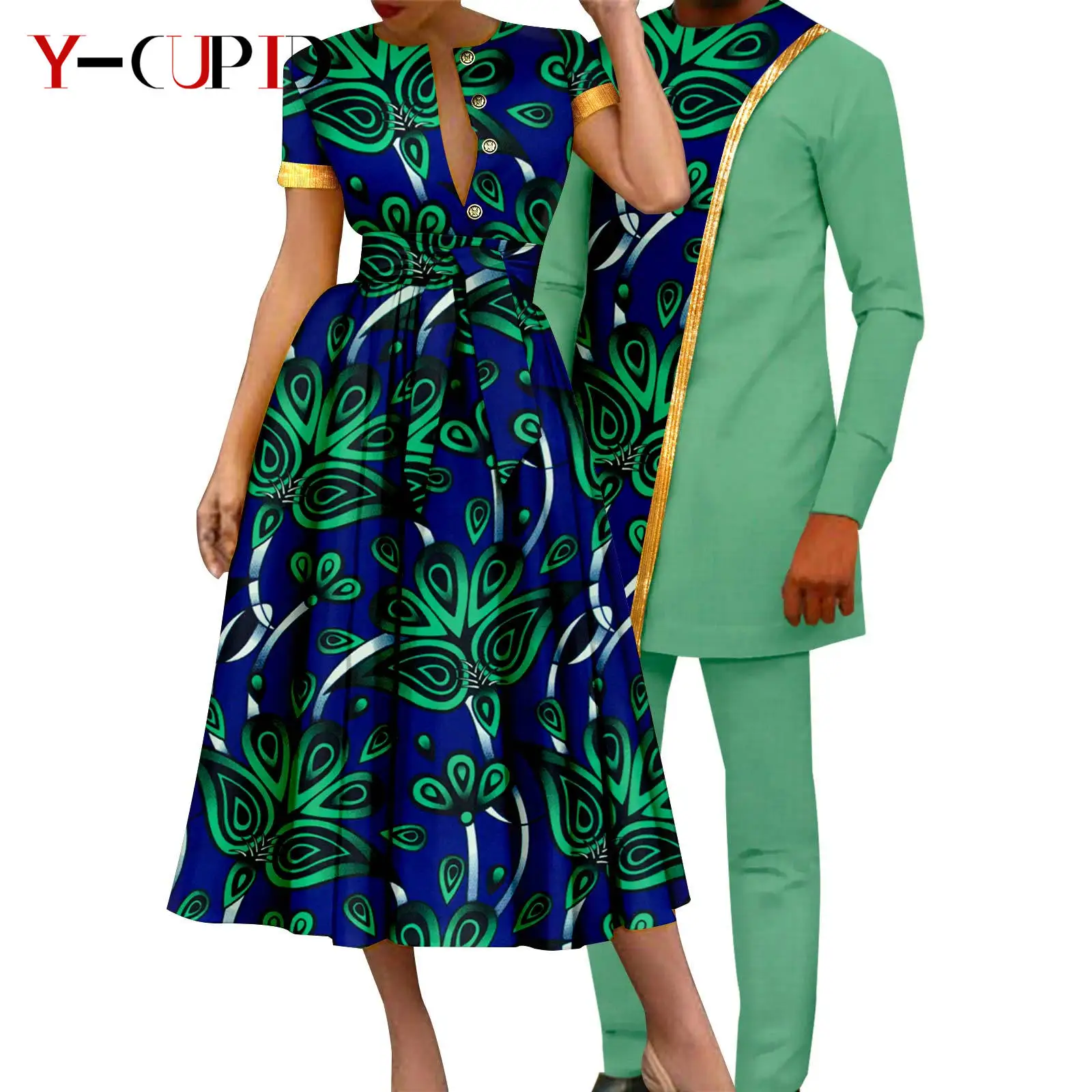 African Couple Matching Clothes Dashiki Women Print Dresses Bazin Riche Men Outfits 2 Pieces Suit Top and Pant Sets Y23C094