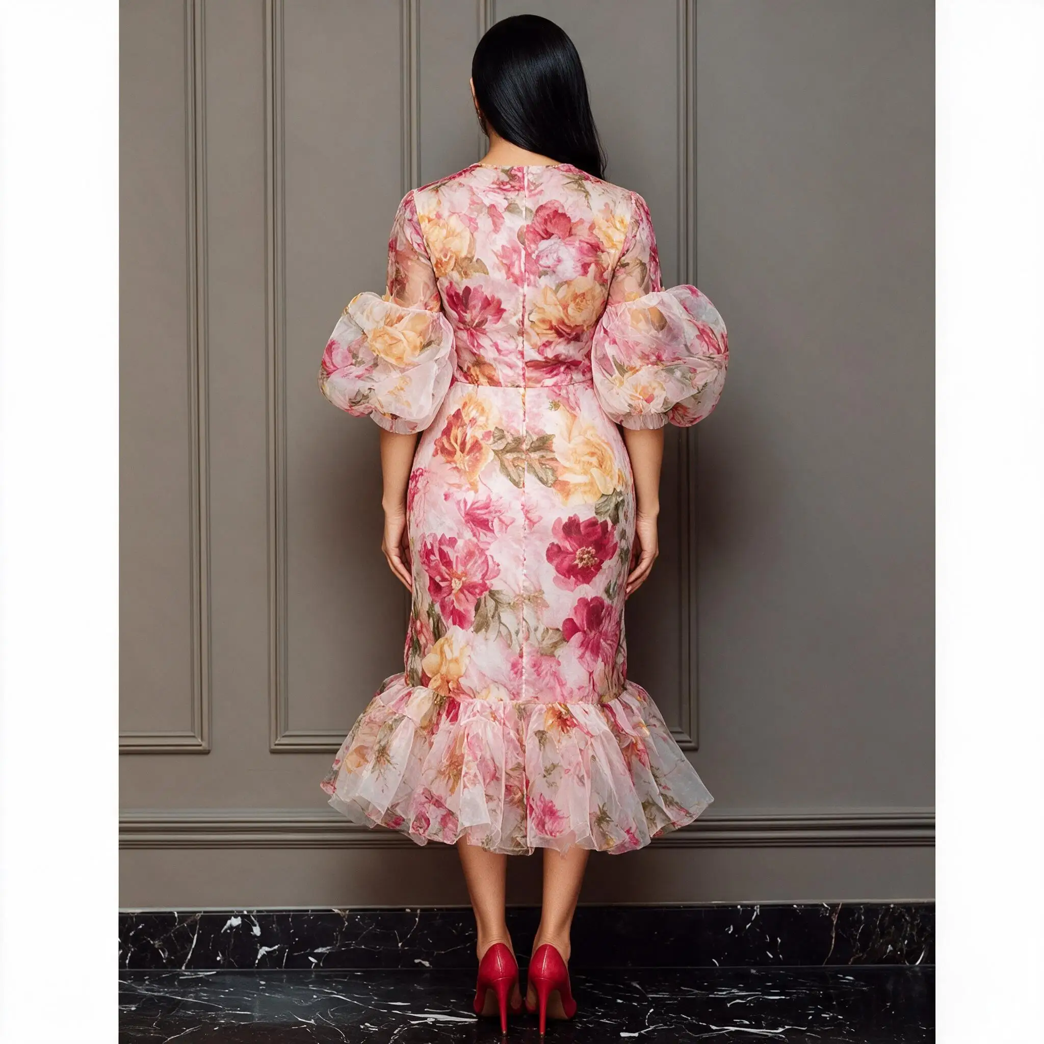 Women Floral Mermaid Midi Dress Round Neck Puff Bubble Sleeve Ruffle Hem Elegant Wedding Guest Cocktail Evening Formal Dress