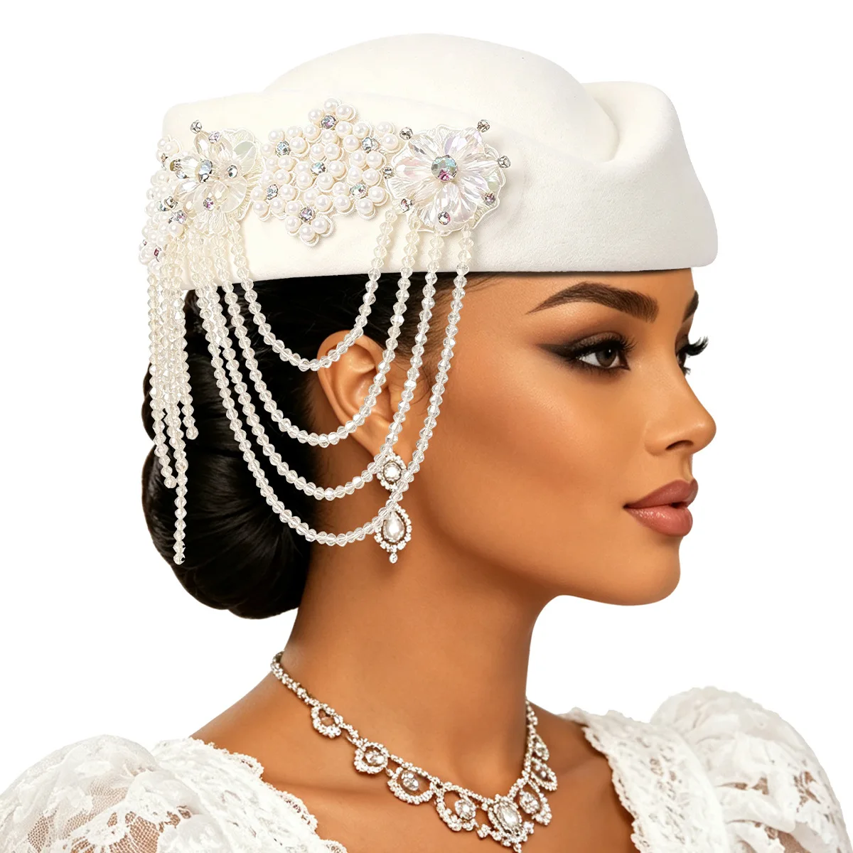 Luxury Rhinstones Church Derby Fascinator Beret Caps for Women Vintage British Felt Turban Hat Party Airline Stewardess Hat