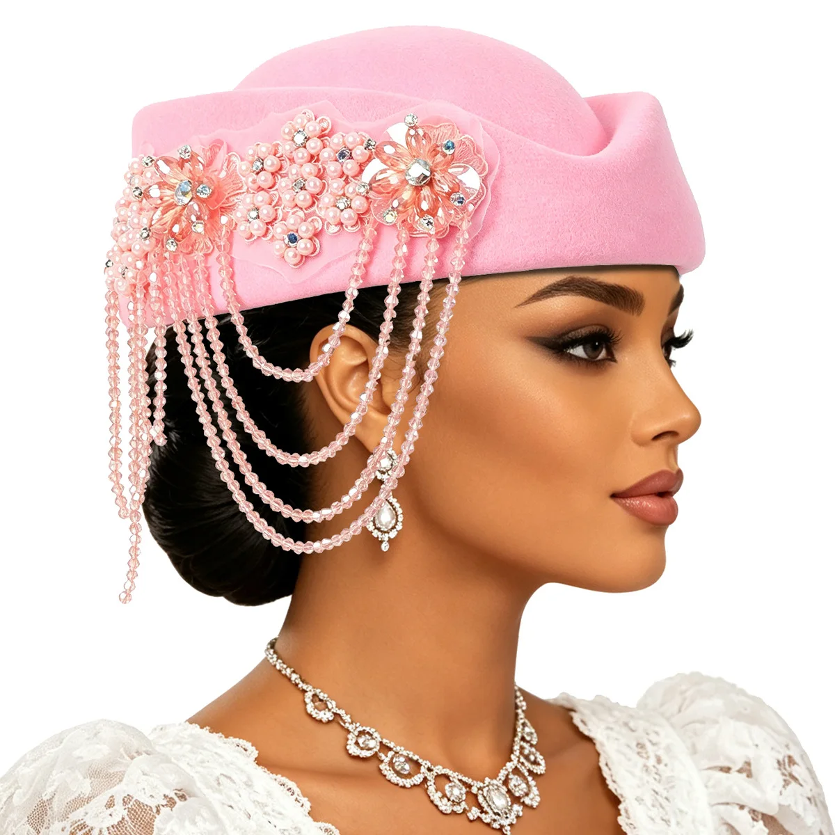 Luxury Rhinstones Church Derby Fascinator Beret Caps for Women Vintage British Felt Turban Hat Party Airline Stewardess Hat