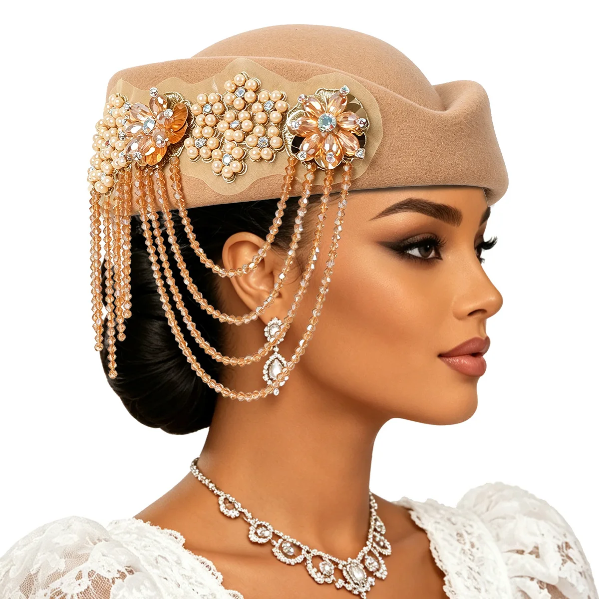 Luxury Rhinstones Church Derby Fascinator Beret Caps for Women Vintage British Felt Turban Hat Party Airline Stewardess Hat