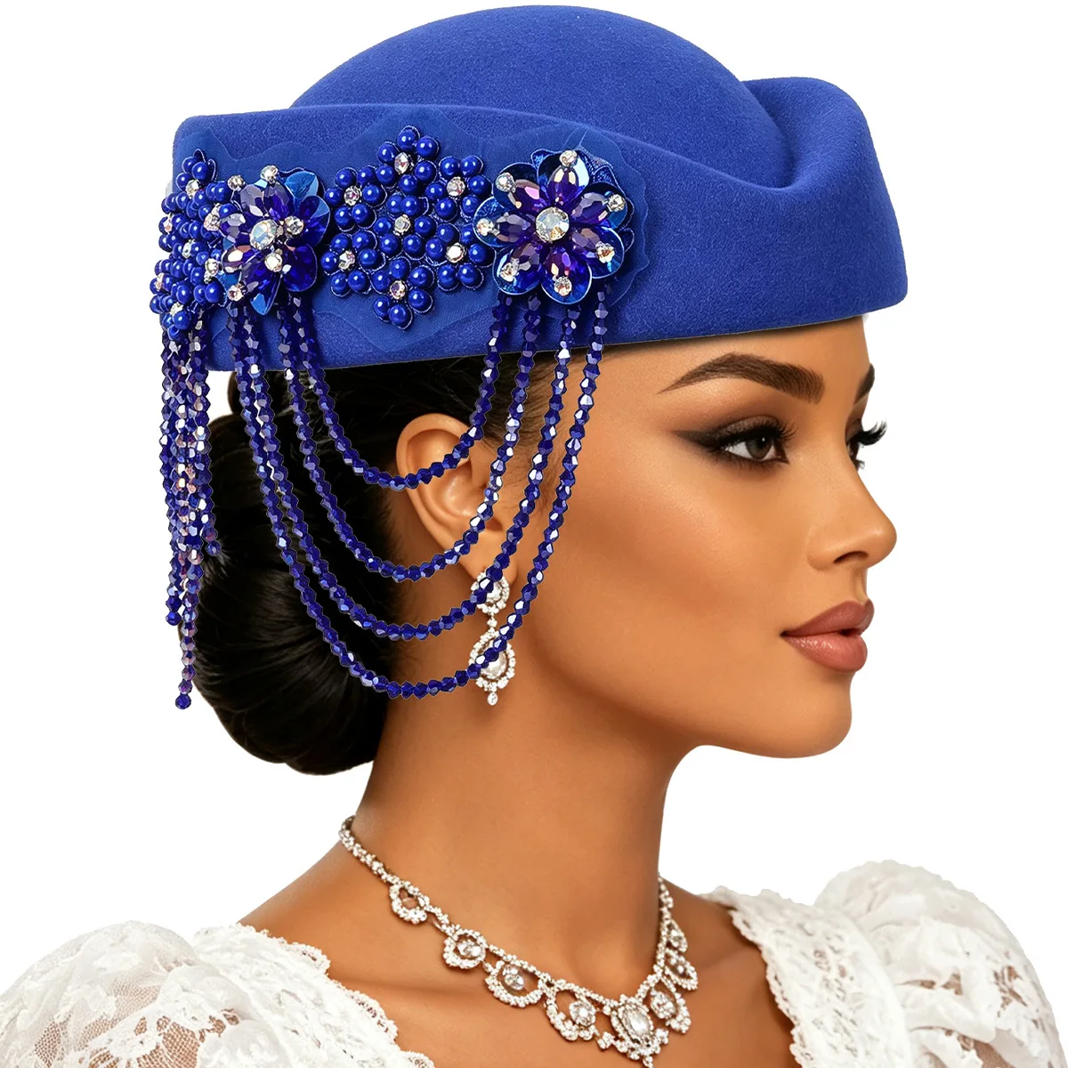 Luxury Rhinstones Church Derby Fascinator Beret Caps for Women Vintage British Felt Turban Hat Party Airline Stewardess Hat