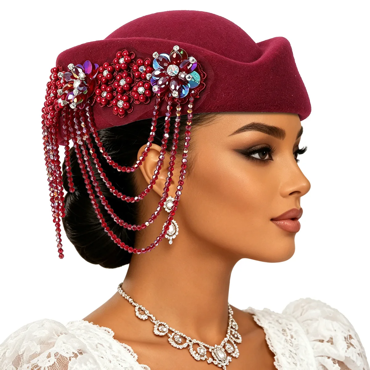 Luxury Rhinstones Church Derby Fascinator Beret Caps for Women Vintage British Felt Turban Hat Party Airline Stewardess Hat